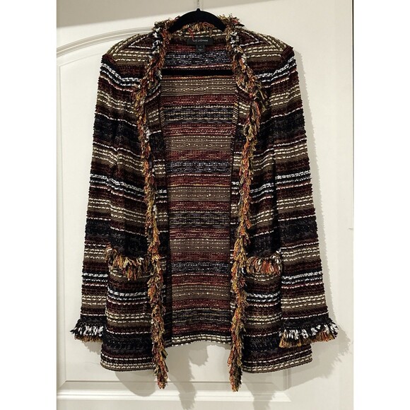 St John Jacket Size 12 Tweed Fringe Long Boucle Knit Open Front Pockets Cardigan - Picture 1 of 9